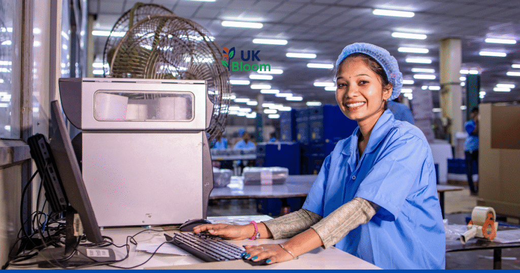 skilled worker girl working in factory